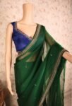 Green chinnon saree with hand embroidered blouse/green saree with blue hand work blouse|sarees USA/ blue pure silk saree/maggam work blouse