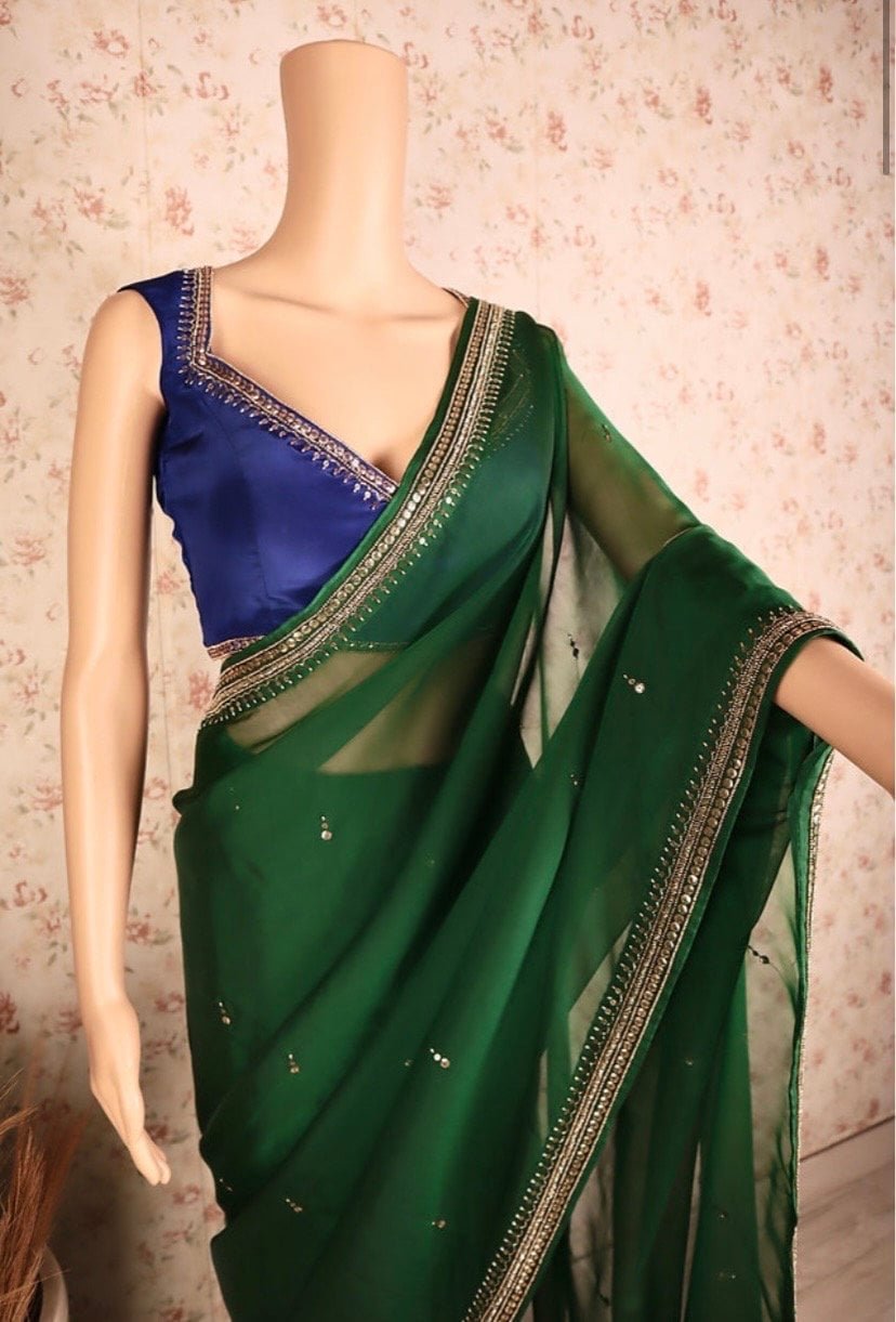 Green chinnon saree with hand embroidered blouse/green saree with blue hand work blouse|sarees USA/ blue pure silk saree/maggam work blouse