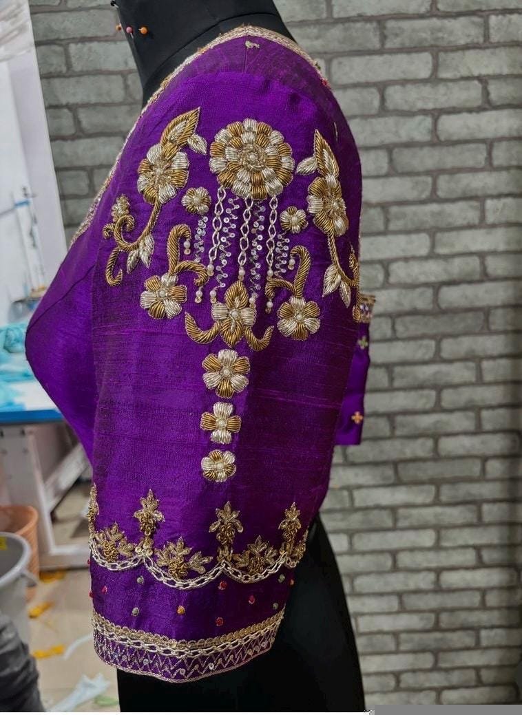 pure silk hand embroidery blouse/saree maggam blouse/purple zardosi blouse usa/hand embroidered moderblouse/ready made blouse zardosi usa