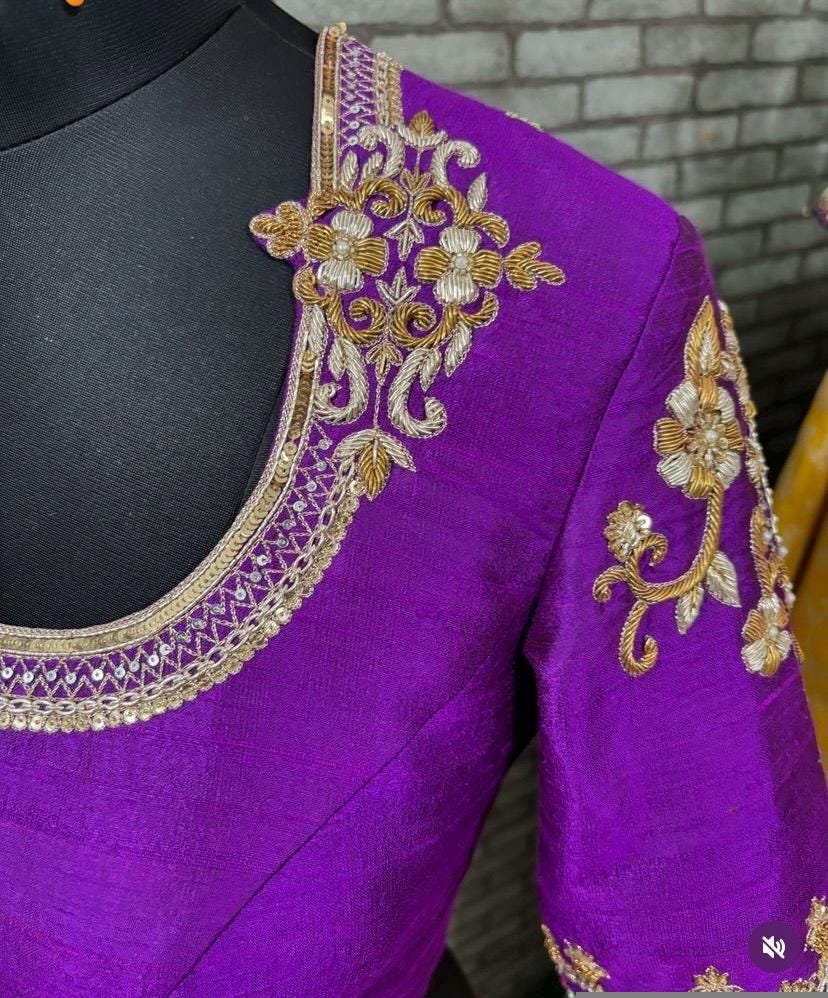 pure silk hand embroidery blouse/saree maggam blouse/purple zardosi blouse usa/hand embroidered moderblouse/ready made blouse zardosi usa