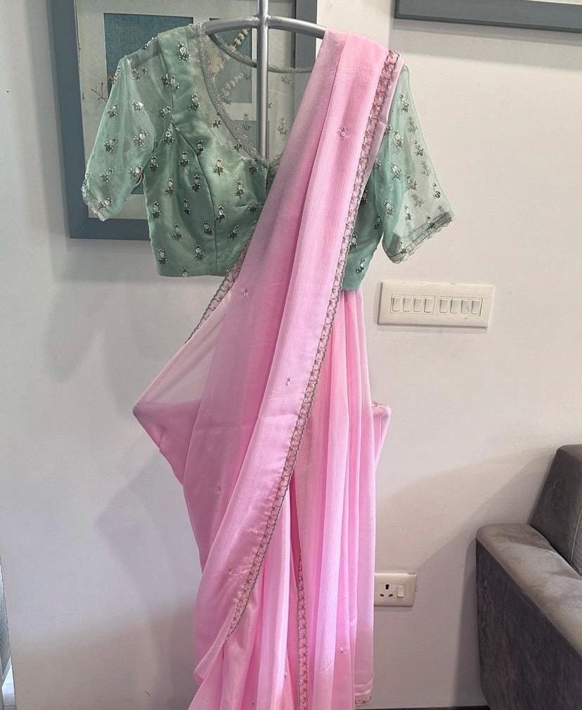 Light Pink chiffon silk saree with hand Embroidered blouse/hand embroidered saree with ready blouse|sarees USA|green blouse/saree with blous