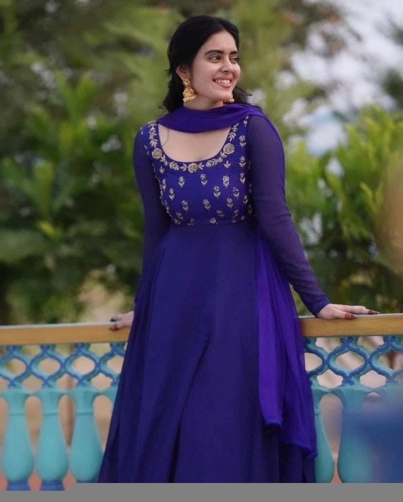 Hand embroidered Anarkali with dupatta/dark blue anarkali suit/georgette anarkali dupatta USA/Indian dresses/royal blue anarkali dupatta set