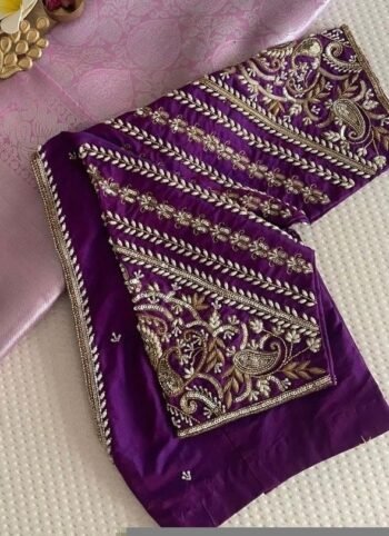 pure silk hand embroidery blouse/purple maggam blouse/purple hand embroidered blouse/purple ready made blouse zardosi/purple v neck blouse