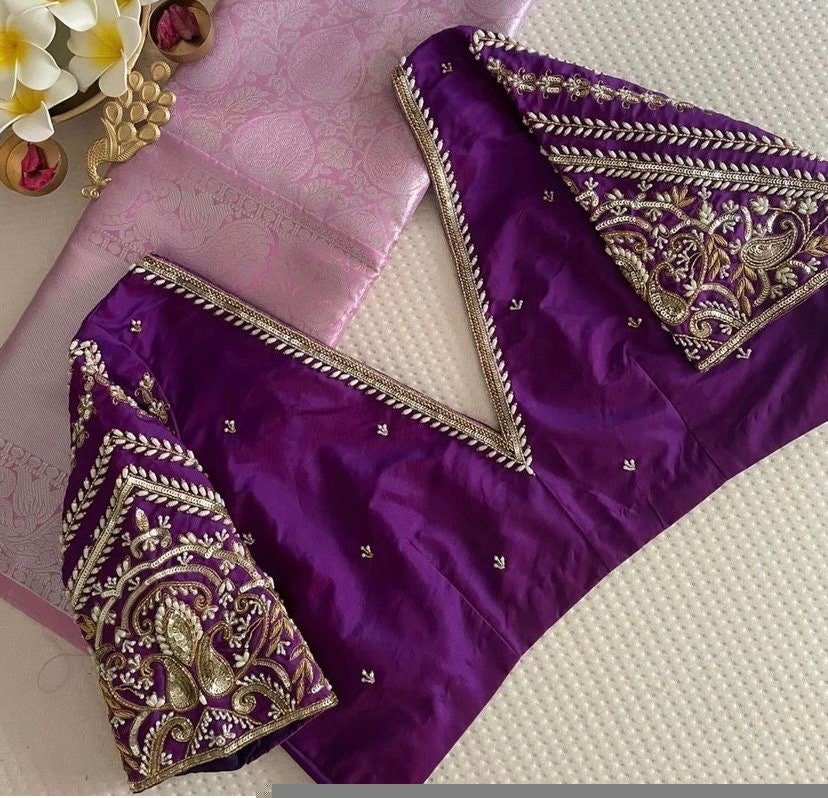 pure silk hand embroidery blouse/purple maggam blouse/purple hand embroidered blouse/purple ready made blouse zardosi/purple v neck blouse