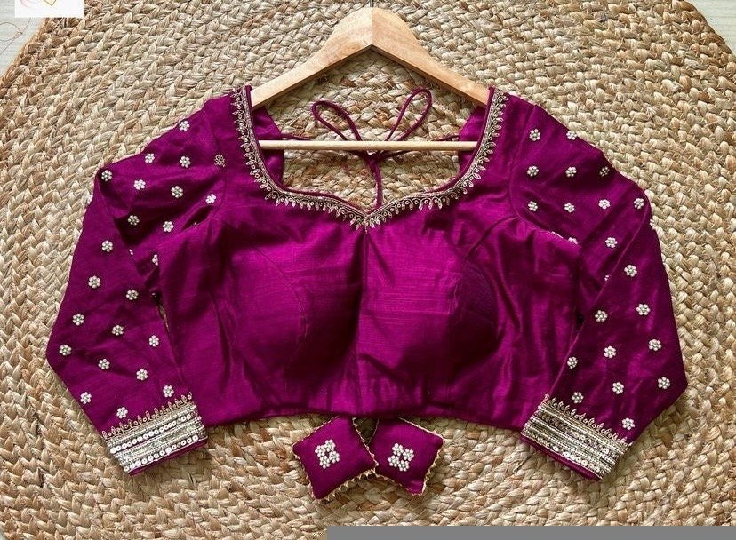 Purple pink hand embroidery blouse/saree maggam blouse/pure silk zardosi blouse/magenta pink embroidered blouse/maggam full sleeve blouse
