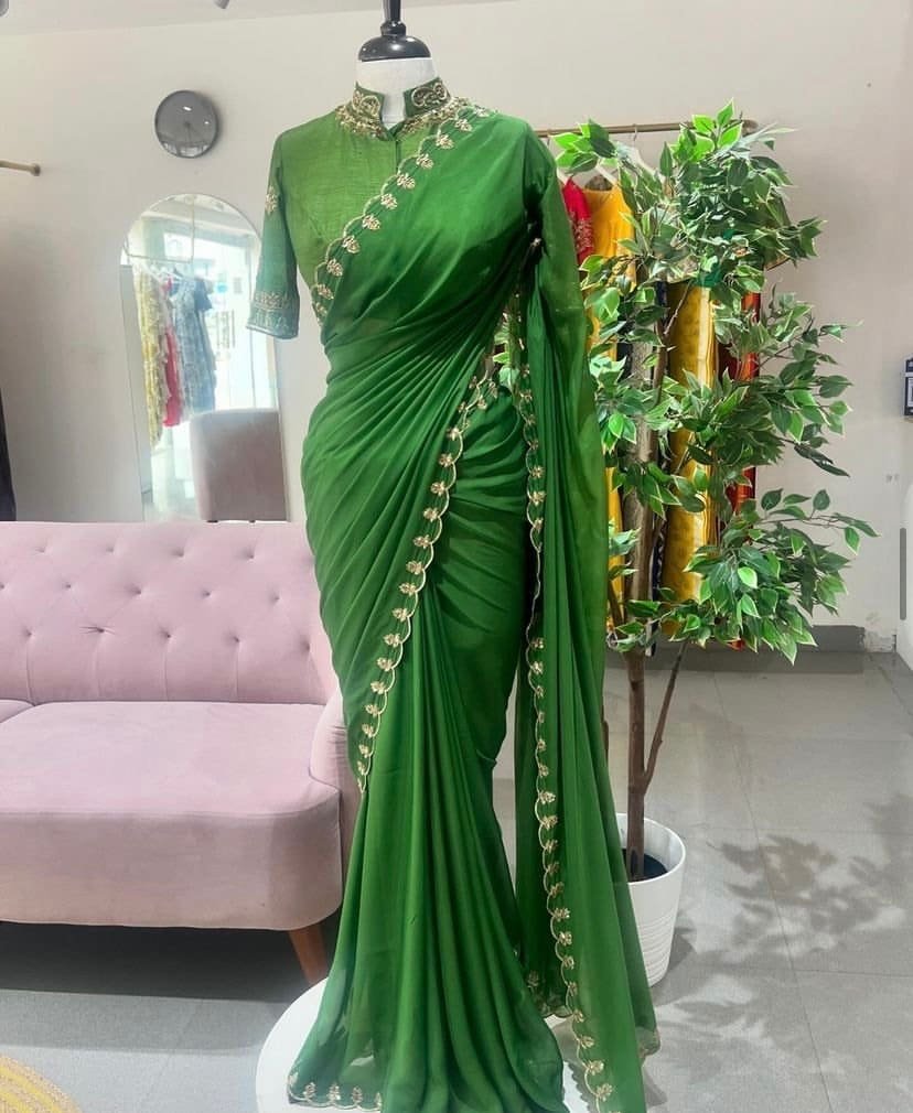 pure silk hand embroidery saree with blouse/ green saree with maggam blouse/gree saree zardosi blouse/hand embroidered blouse organza saree