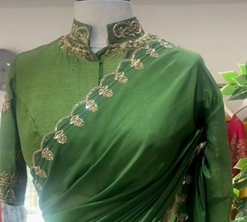 pure silk hand embroidery saree with blouse/ green saree with maggam blouse/gree saree zardosi blouse/hand embroidered blouse organza saree