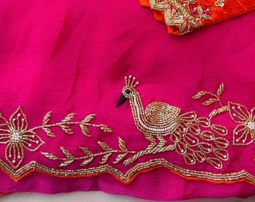 pure silk pink sari set with hand embroidery blouse/saree with maggam blouse/pink saree orange zardosi blouse/hand embroidered orange blouse