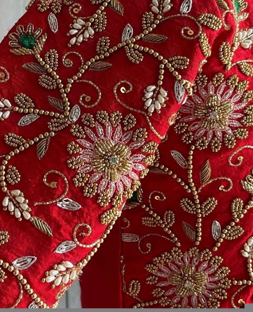 pure silk hand embroidery bridal blouse/ maggam blouse/red bridal zardosi blouse/red hand embroidered blouse/heavy embroidery wedding blouse