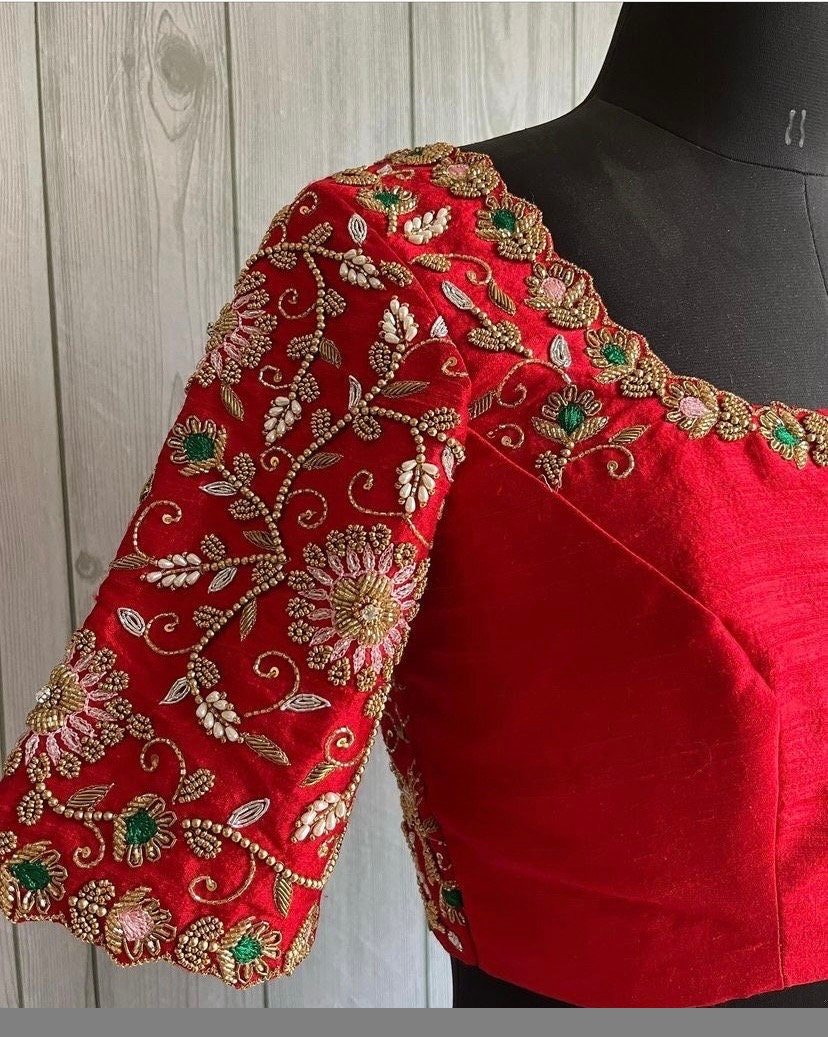pure silk hand embroidery bridal blouse/ maggam blouse/red bridal zardosi blouse/red hand embroidered blouse/heavy embroidery wedding blouse