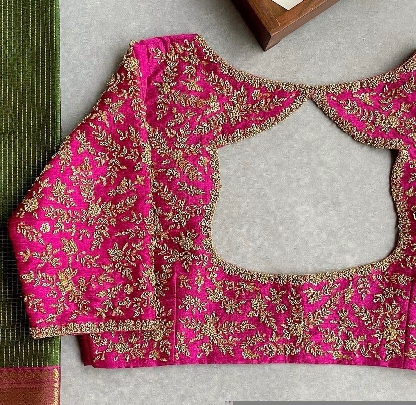 pure silk hand embroidery bridal blouse/maggam blouse/pink bridal work blouse/pink hand embroidered blouse/heavy embroidery wedding blouse