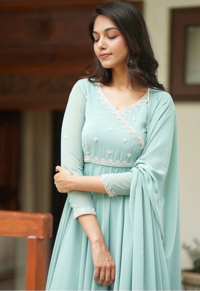 Hand embroidered Anarkali with dupatta/ice blue anarkali suit/georgette anarkali dupatta USA/Indian dresses/light blue anarkali dupatta set