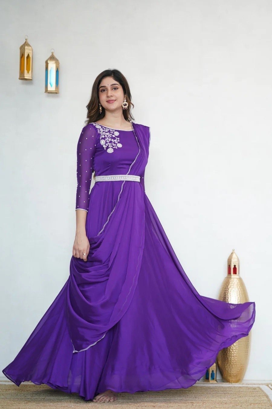 Hand embroidered Anarkali with dupatta/purple anarkali suit/georgette anarkali dupatta USA/Indian dresses/purple anarkali dupatta belt set
