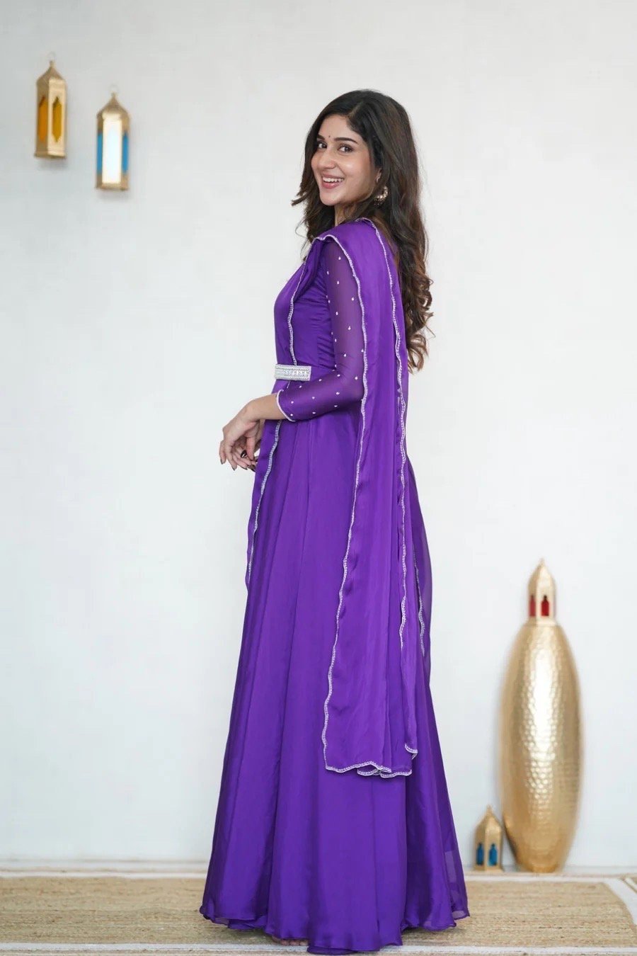 Hand embroidered Anarkali with dupatta/purple anarkali suit/georgette anarkali dupatta USA/Indian dresses/purple anarkali dupatta belt set