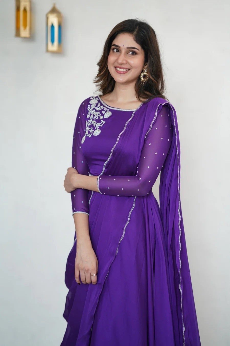 Hand embroidered Anarkali with dupatta/purple anarkali suit/georgette anarkali dupatta USA/Indian dresses/purple anarkali dupatta belt set