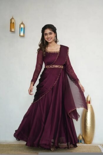 Hand embroidered Anarkali with dupatta/wine color anarkali suit/soft silk anarkali dupatta Indian dresses/wine anarkali dupatta belt set