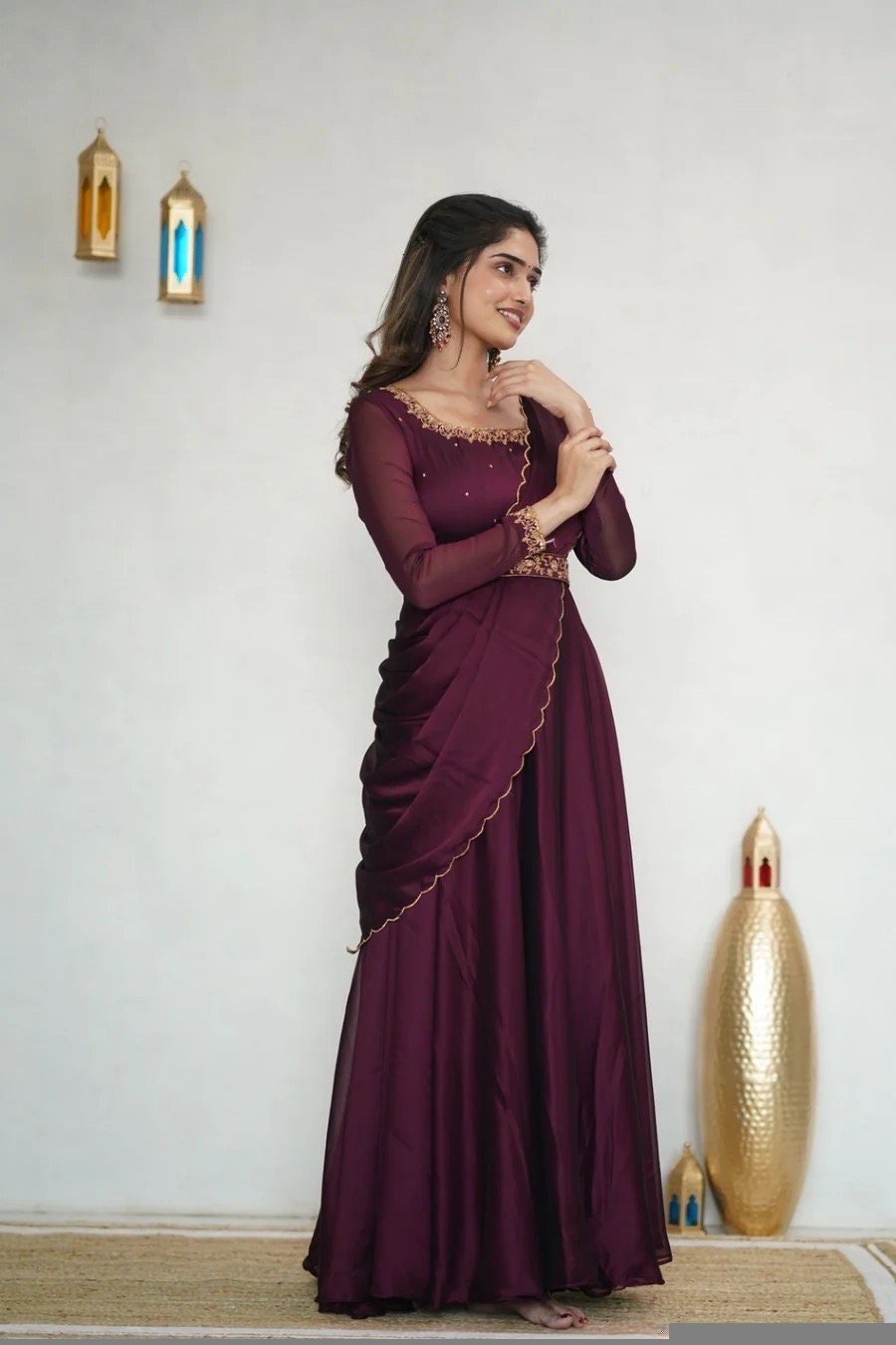 Hand embroidered Anarkali with dupatta/wine color anarkali suit/soft silk anarkali dupatta USA/Indian dresses/wine anarkali dupatta belt set