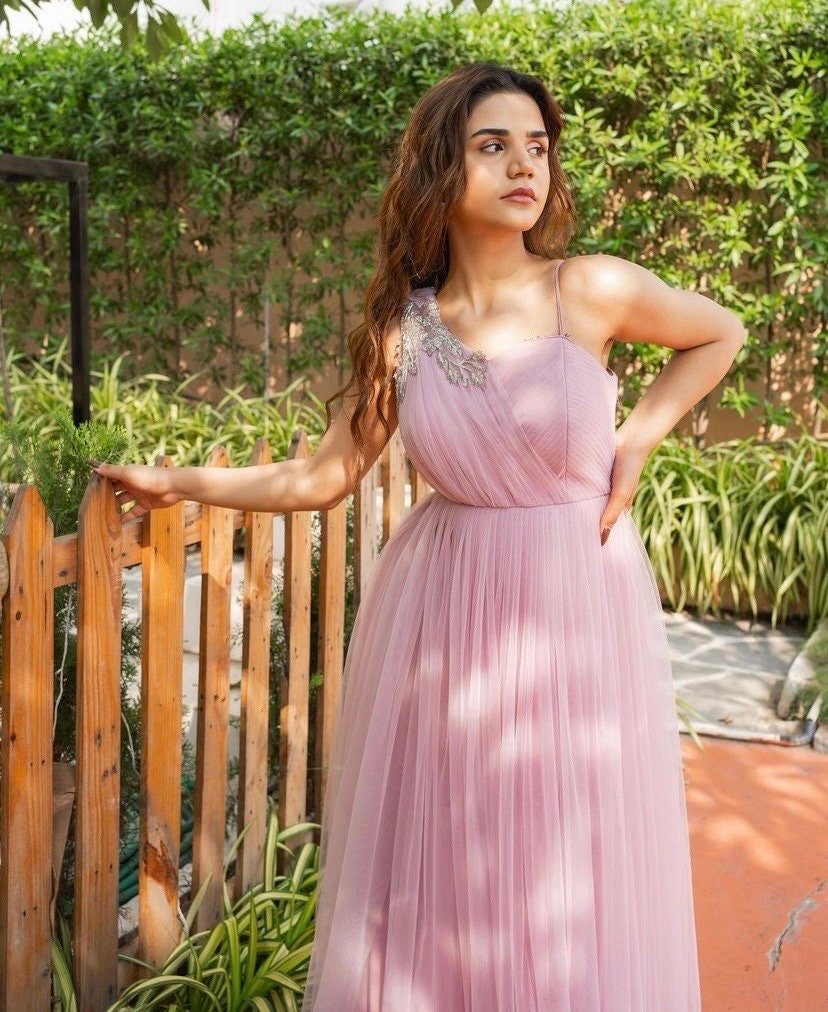 Hand embroidered Anarkali/tulle hand embroidery dress/heavy soft net designer gown USA/ tulle gown/prom dress/wedding gown /braids made gown