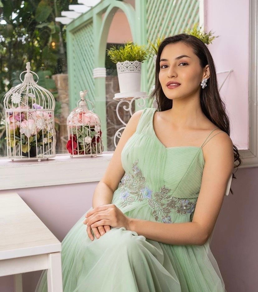 Hand embroidered Anarkali/tulle hand embroidery dress/heavy soft net designer gown USA/ tulle gown/prom dress/wedding gown /braids made gown