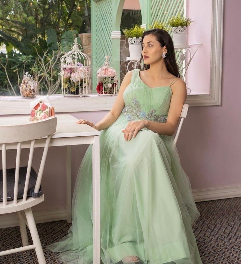 Hand embroidered Anarkali/tulle hand embroidery dress/heavy soft net designer gown USA/ tulle gown/prom dress/wedding gown /braids made gown