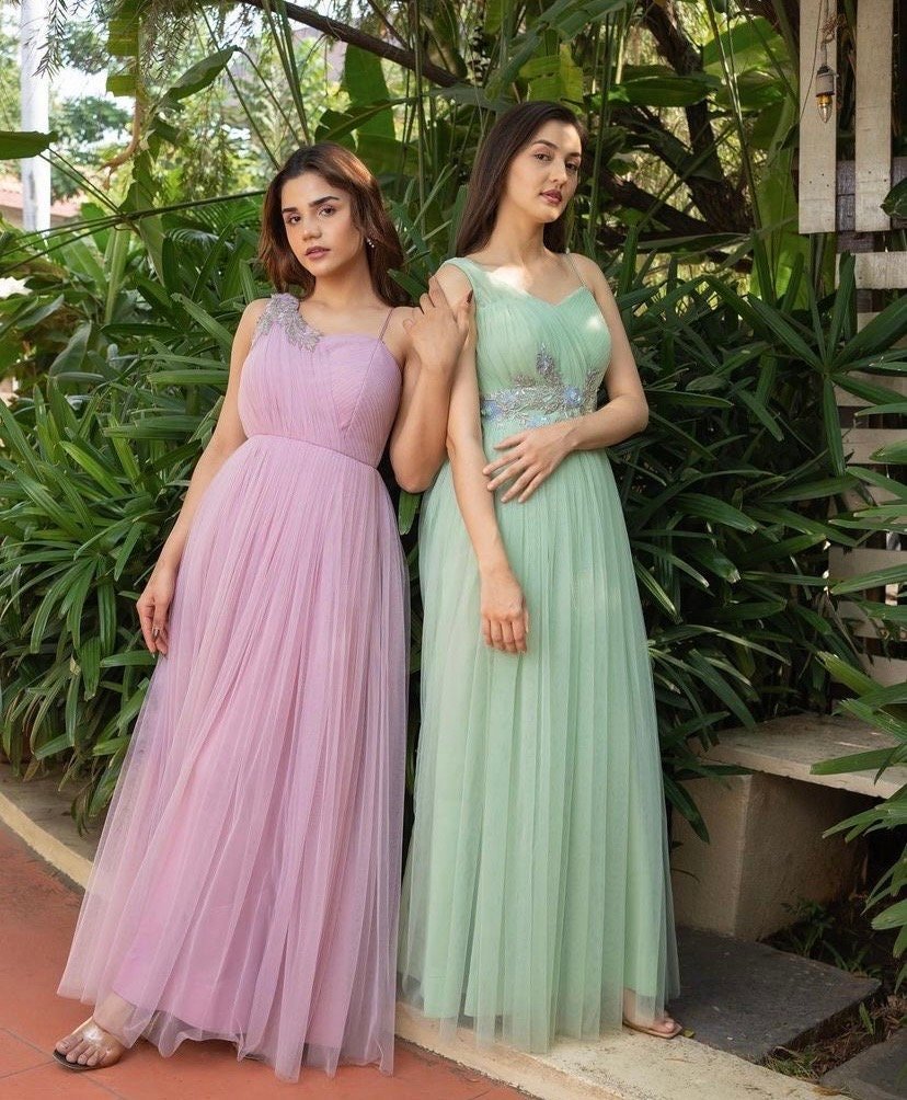 Hand embroidered Anarkali/tulle hand embroidery dress/heavy soft net designer gown USA/ tulle gown/prom dress/wedding gown /braids made gown