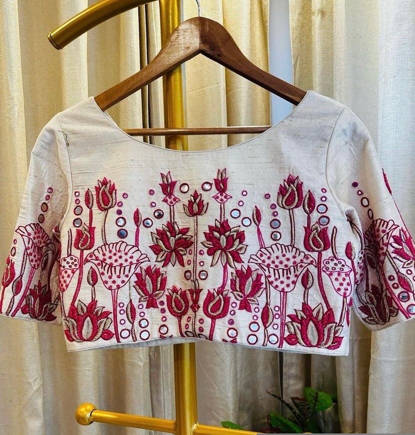 pure silk hand embroidery blouse/cream maggam blouse/pure raw silk zardosi blouse/hand embroidered blouse/cream designer ready made blouse