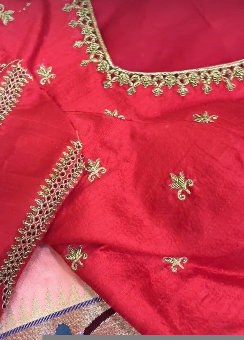 pure silk hand embroidery blouse/reddish pink maggam blouse /raw silk zardosi blouse/hand embroidered blouse /red ready made blouse zardosi