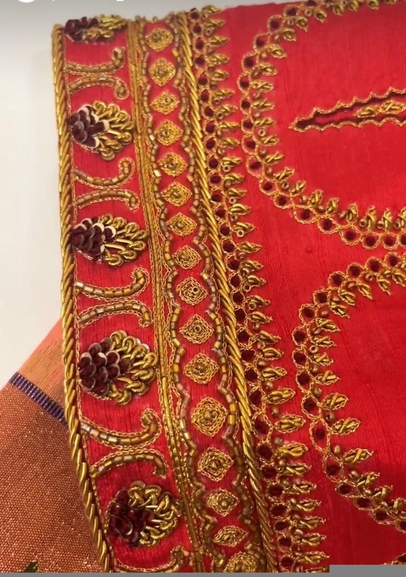 pure silk hand embroidery blouse/reddish pink maggam blouse /raw silk zardosi blouse/hand embroidered blouse /red ready made blouse zardosi
