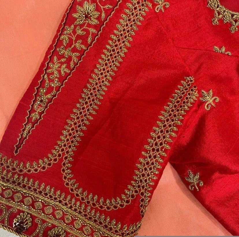 pure silk hand embroidery blouse/reddish pink maggam blouse /raw silk zardosi blouse/hand embroidered blouse /red ready made blouse zardosi
