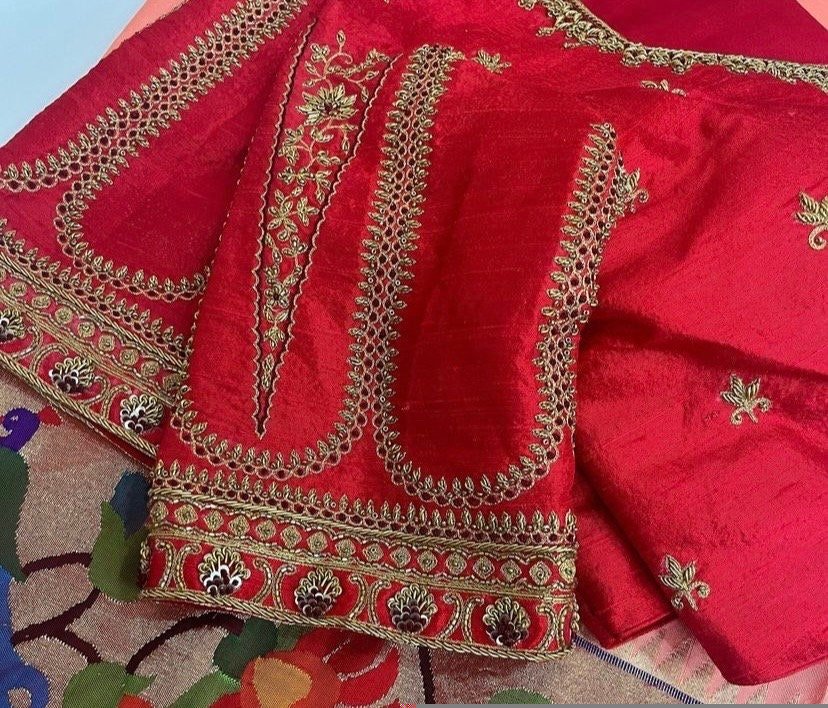 pure silk hand embroidery blouse/reddish pink maggam blouse /raw silk zardosi blouse/hand embroidered blouse /red ready made blouse zardosi