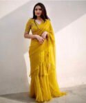 Ruffle saree with blouse/yellow ruffle saree with stitched blouse/saree belt with blouse/haldi outfit saree/saree with belt/yellow belt sari