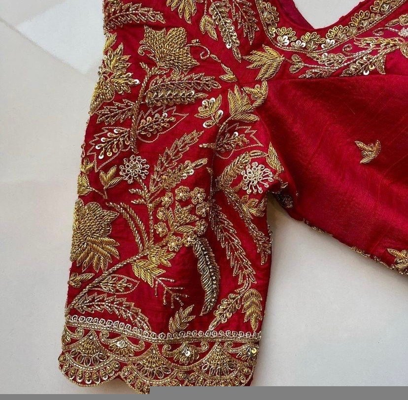 pure silk hand embroidery bridal blouse/ maggam blouse/red bridal zardosi blouse/red hand embroidered blouse/heavy embroidery wedding blouse