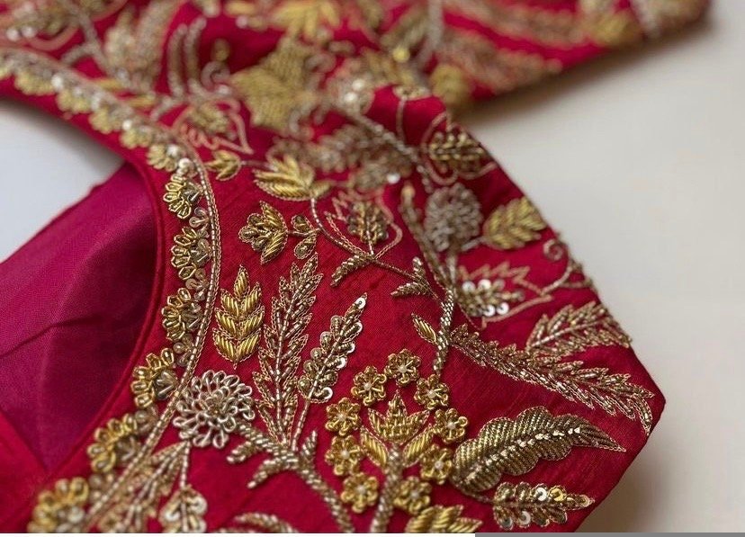 pure silk hand embroidery bridal blouse/ maggam blouse/red bridal zardosi blouse/red hand embroidered blouse/heavy embroidery wedding blouse