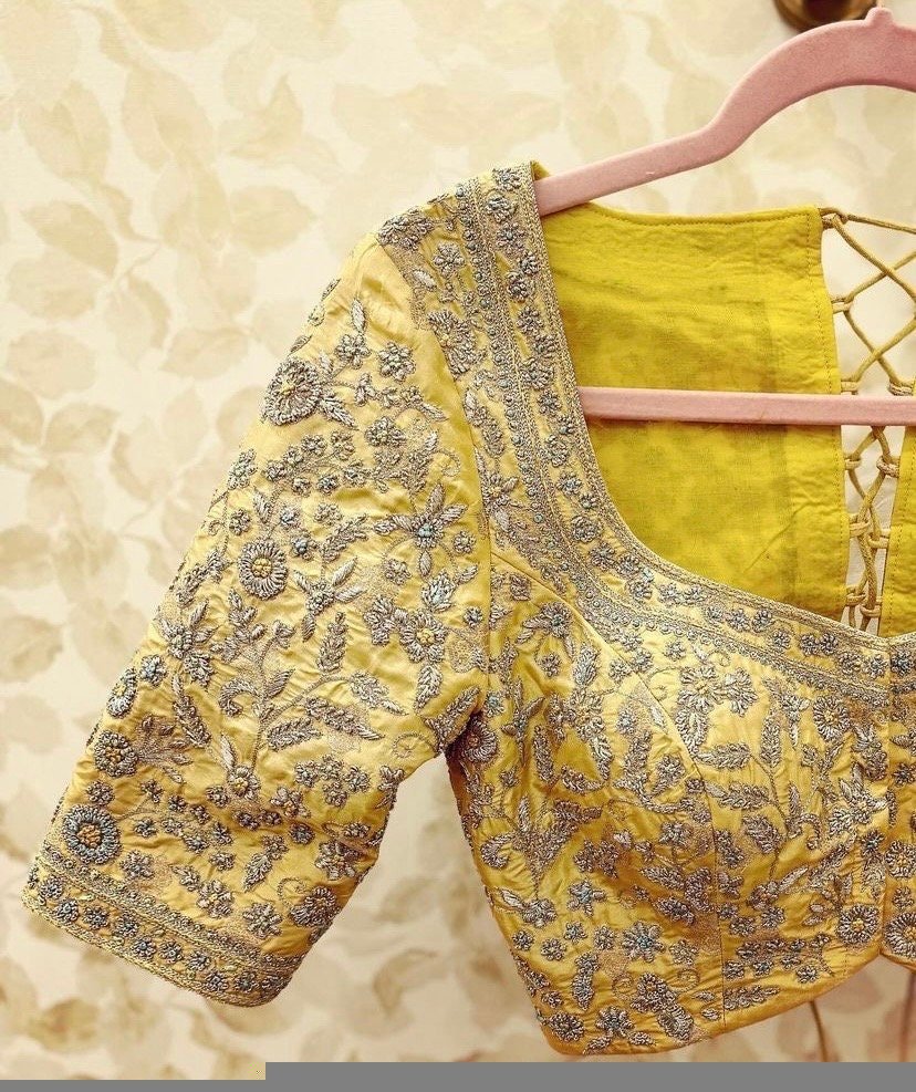 pure silk hand embroidery bridal blouse/maggam blouse/yellow bridal blouse/yellow hand embroidered blouse/heavy embroidery wedding blouse us