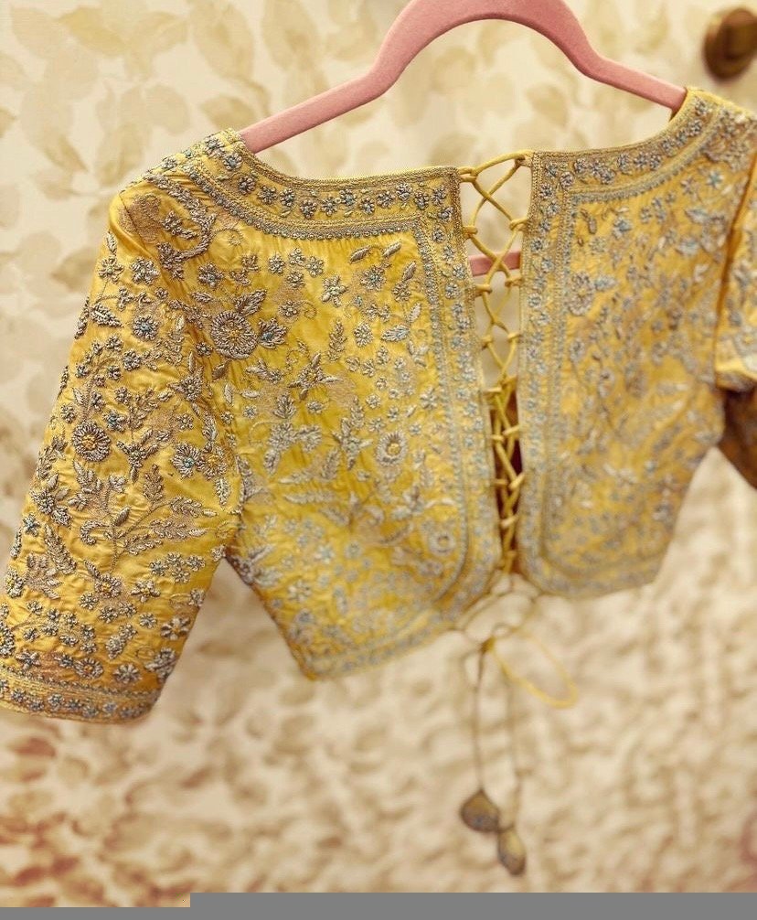 pure silk hand embroidery bridal blouse/maggam blouse/yellow bridal blouse/yellow hand embroidered blouse/heavy embroidery wedding blouse us