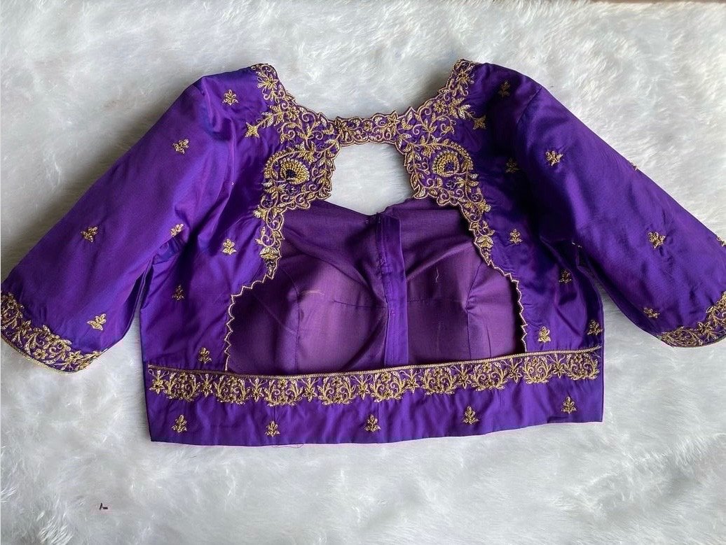 pure silk hand embroidery blouse/saree maggam blouse/purple zardosi blouse usa/hand embroidered moderblouse/purple ready made blouse zardosi