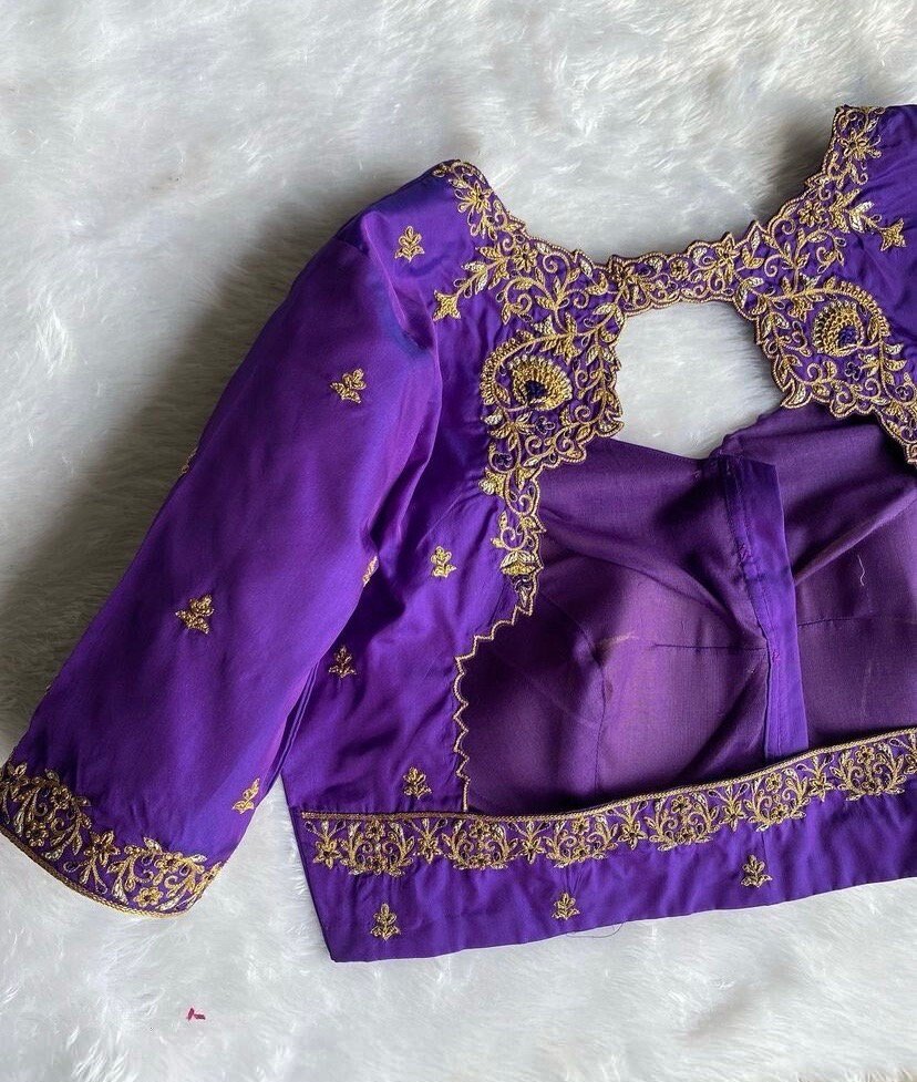 pure silk hand embroidery blouse/saree maggam blouse/purple zardosi blouse usa/hand embroidered moderblouse/purple ready made blouse zardosi