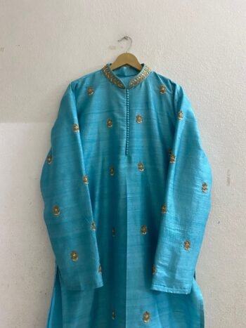 pure silk mens blue kurta/mens kurta with pant set/haldi mens kurta/embroidered mens kurta/Indian mens wear/blue kurta/groom wedding kurta