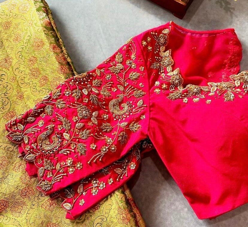 pure silk hand embroidery blouse/saree maggam blouse/hot pink zardosi blouse/hand embroidered blouse /magenta pink ready made blouse zardosi