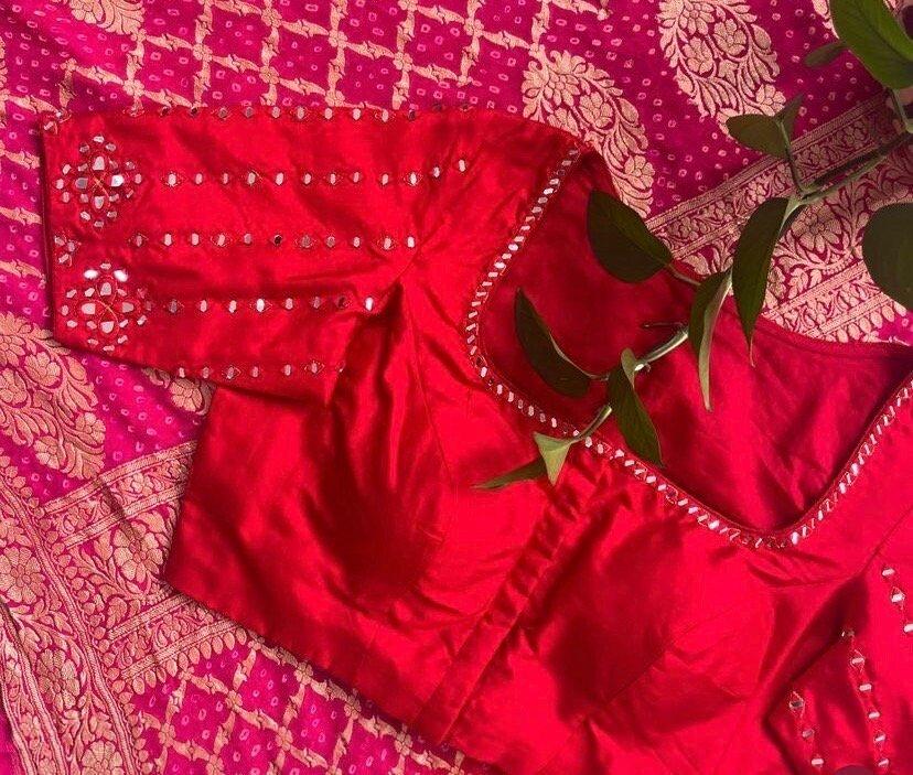 pure silk red hand embroidery blouse/saree maggam blouse/raw silk zardosi blouse/red mirror handembroidered blouse/ready made blouse zardosi