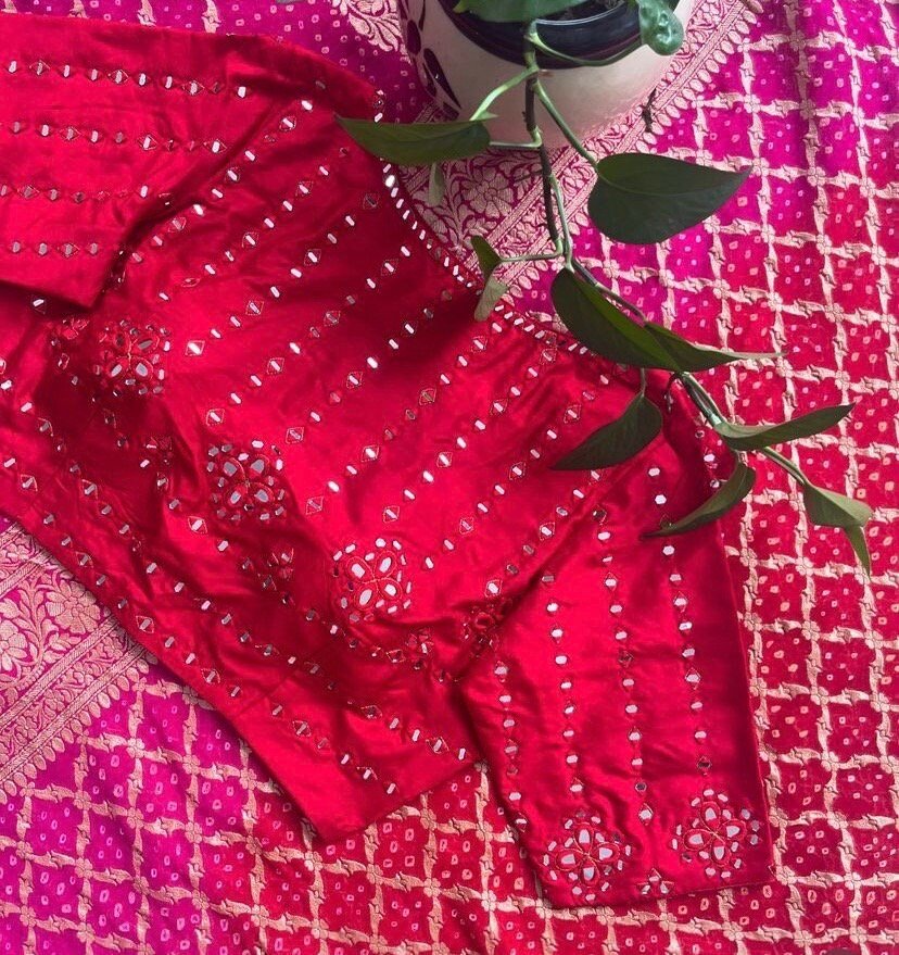pure silk red hand embroidery blouse/saree maggam blouse/raw silk zardosi blouse/red mirror handembroidered blouse/ready made blouse zardosi