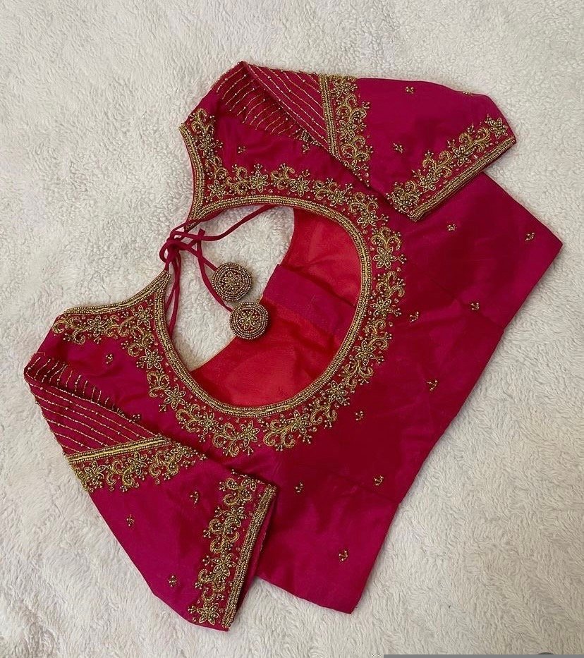 pure silk pink hand embroidery blouse/saree maggam blouse/pink maggam blouse/pink hand embroidered blouse/pink ready made handwork blouse