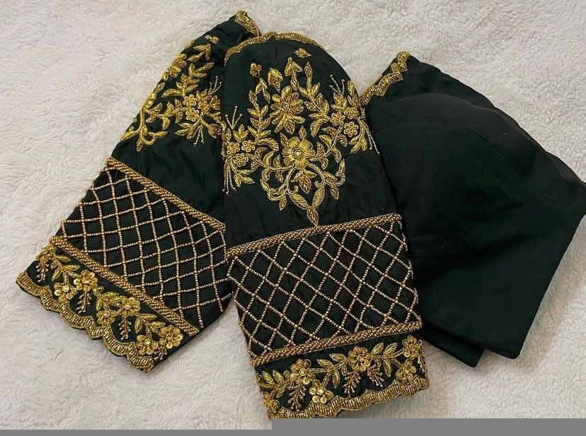 Bottle green silk hand embroidery blouse / saree maggam yellow blouse /saree blouse/ hand embroidered blouse /ready made blouse zardosi