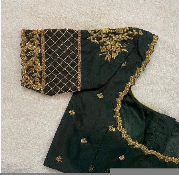 Bottle green silk hand embroidery blouse / saree maggam yellow blouse /saree blouse/ hand embroidered blouse /ready made blouse zardosi