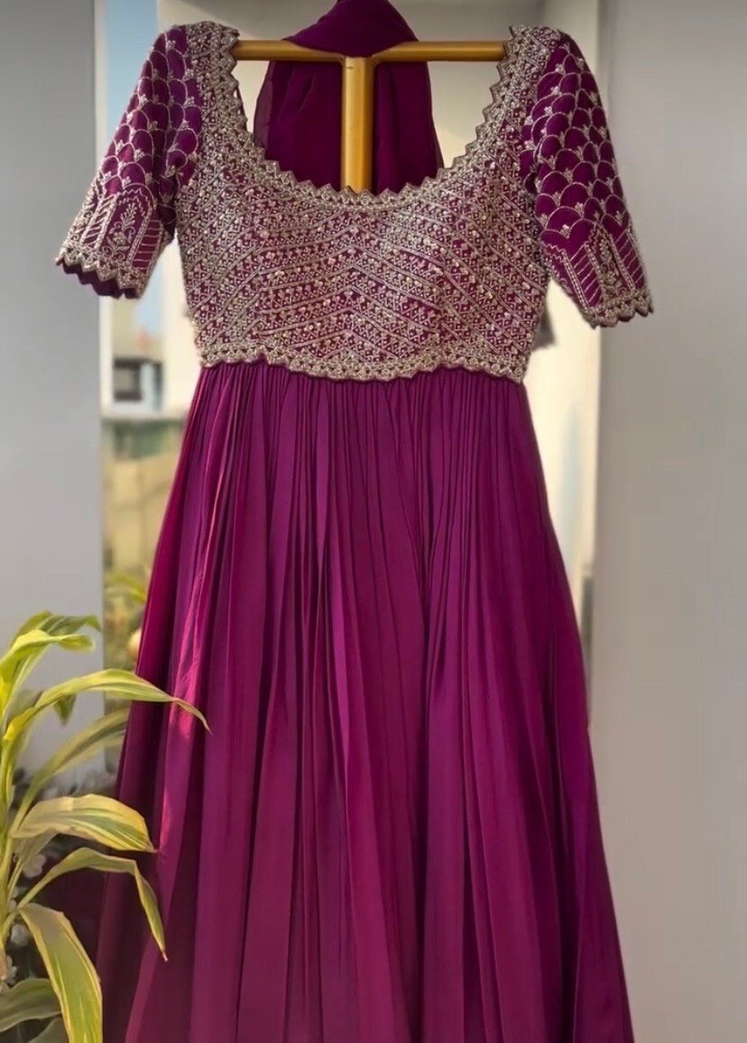 Purple Zardosi Anarkali Suit: Hand Embroidered Indian Dress with Dupatta