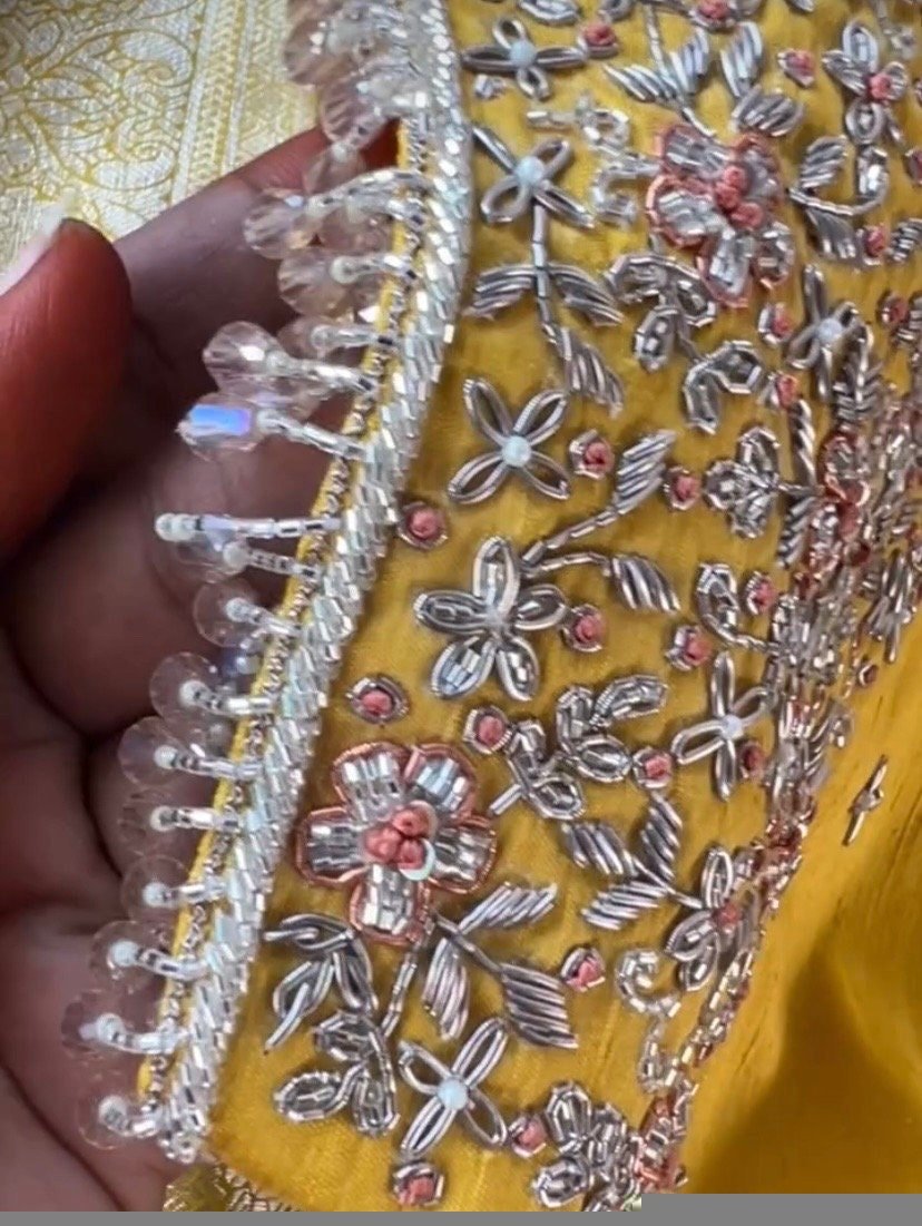 pure silk hand embroidery blouse/saree maggam yellow blouse/yellow blouse/heavy hand embroidered blouse/ready made blouse zardosi/voggish us