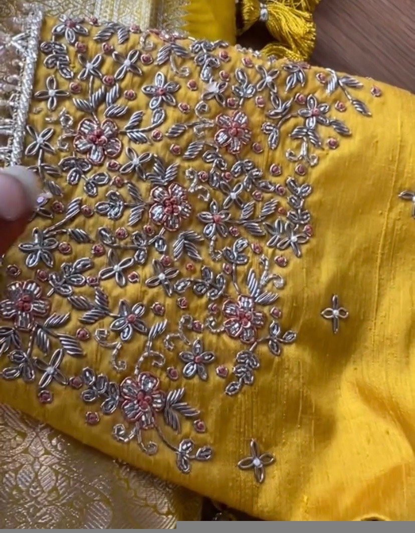 pure silk hand embroidery blouse/saree maggam yellow blouse/yellow blouse/heavy hand embroidered blouse/ready made blouse zardosi/voggish us