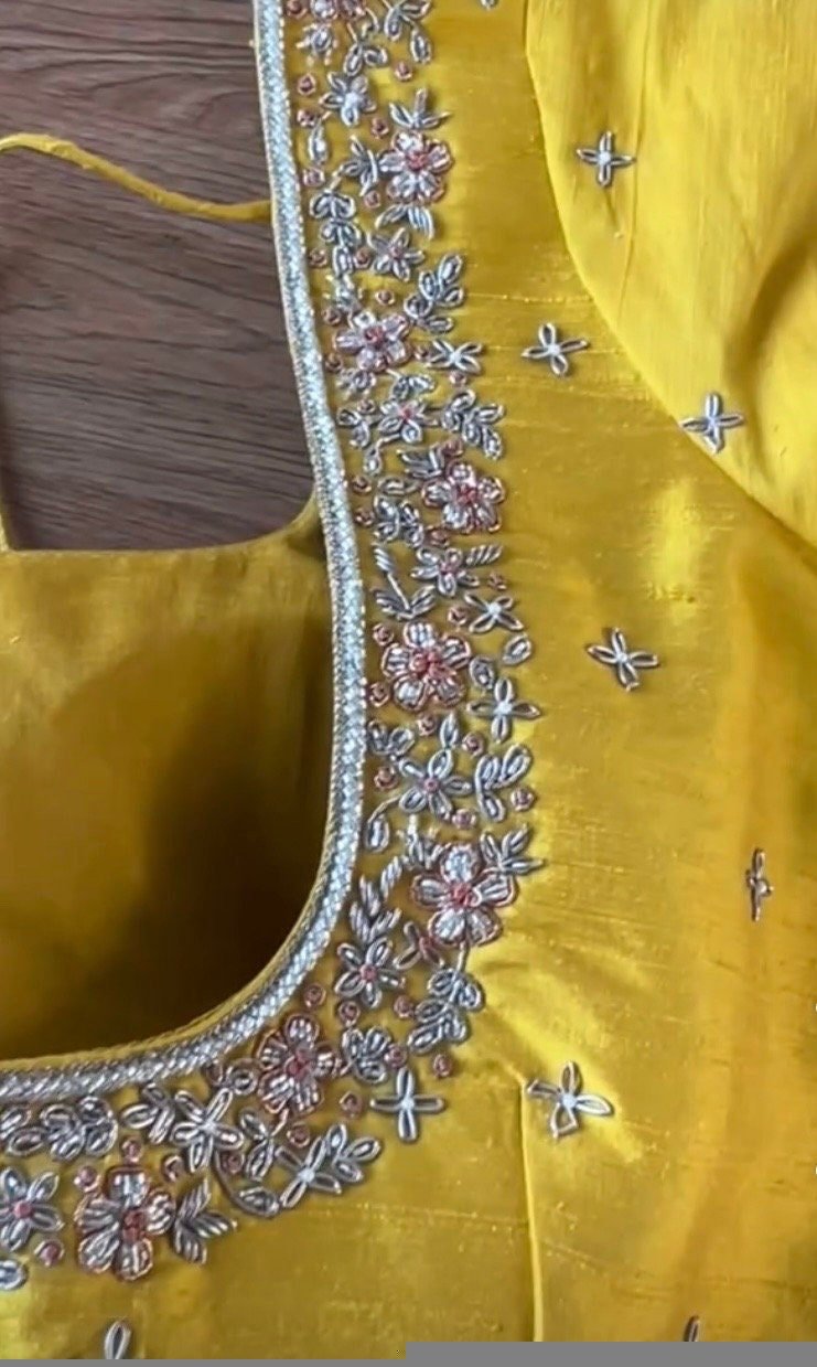 pure silk hand embroidery blouse/saree maggam yellow blouse/yellow blouse/heavy hand embroidered blouse/ready made blouse zardosi/voggish us