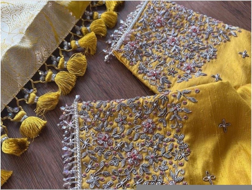 pure silk hand embroidery blouse/saree maggam yellow blouse/yellow blouse/heavy hand embroidered blouse/ready made blouse zardosi/voggish us