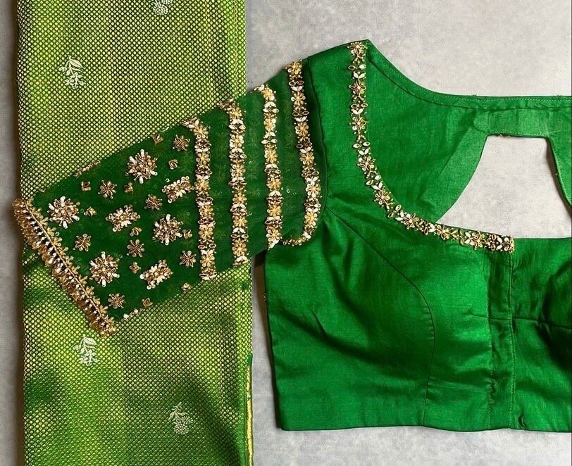 pure silk green hand embroidery blouse/saree maggam blouse/raw silk zardosi blouse/green hand embroidered blouse/ready made green blouse usa